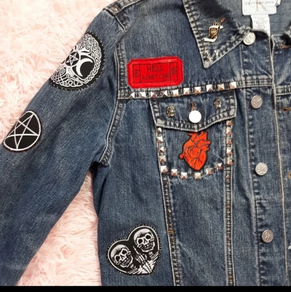 SOLD!!Chilling Adventures of a Hell Witch Calvin Klein y2k patch jean jacket - Picture 8 of 16